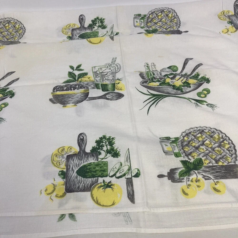VTG Green & Yellow Food Printed 47.5” X 45.5” Mid Century 60s 70s Table Cloth